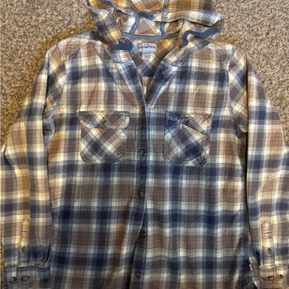 Carhartt Blue and Yellow Plaid Hooded Shirt